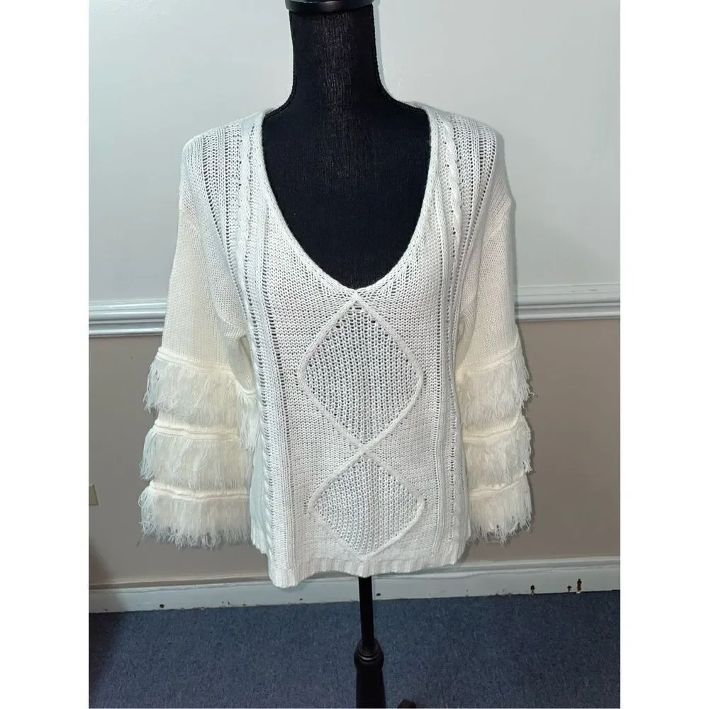 Knit Cream Cream Boho Sweater with Fringe Size Small